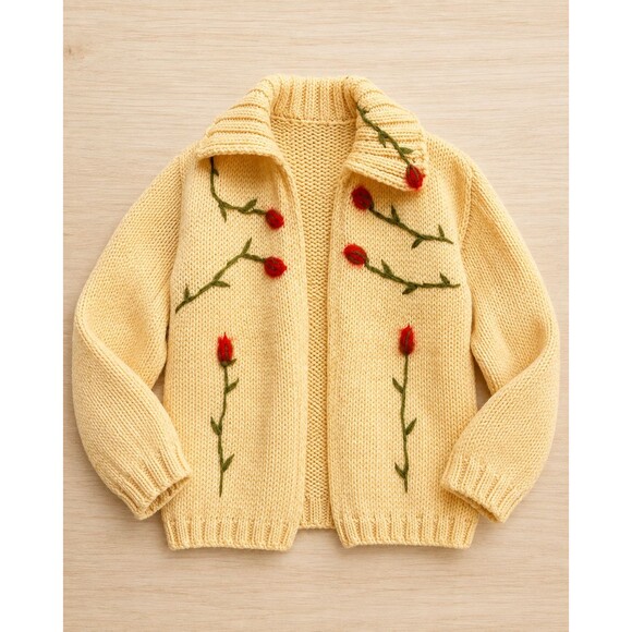 Unbranded Sweaters - Cream Chunky Knit Cardigan Red Rose Floral Embroidered Shawl Collar Cottagecore